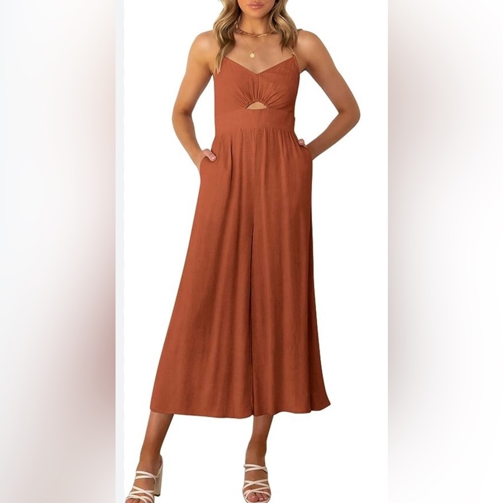 ☀️ ANRABESS Rust Linen-Blend Cutout Wide-Leg Jumpsuit (Size M)